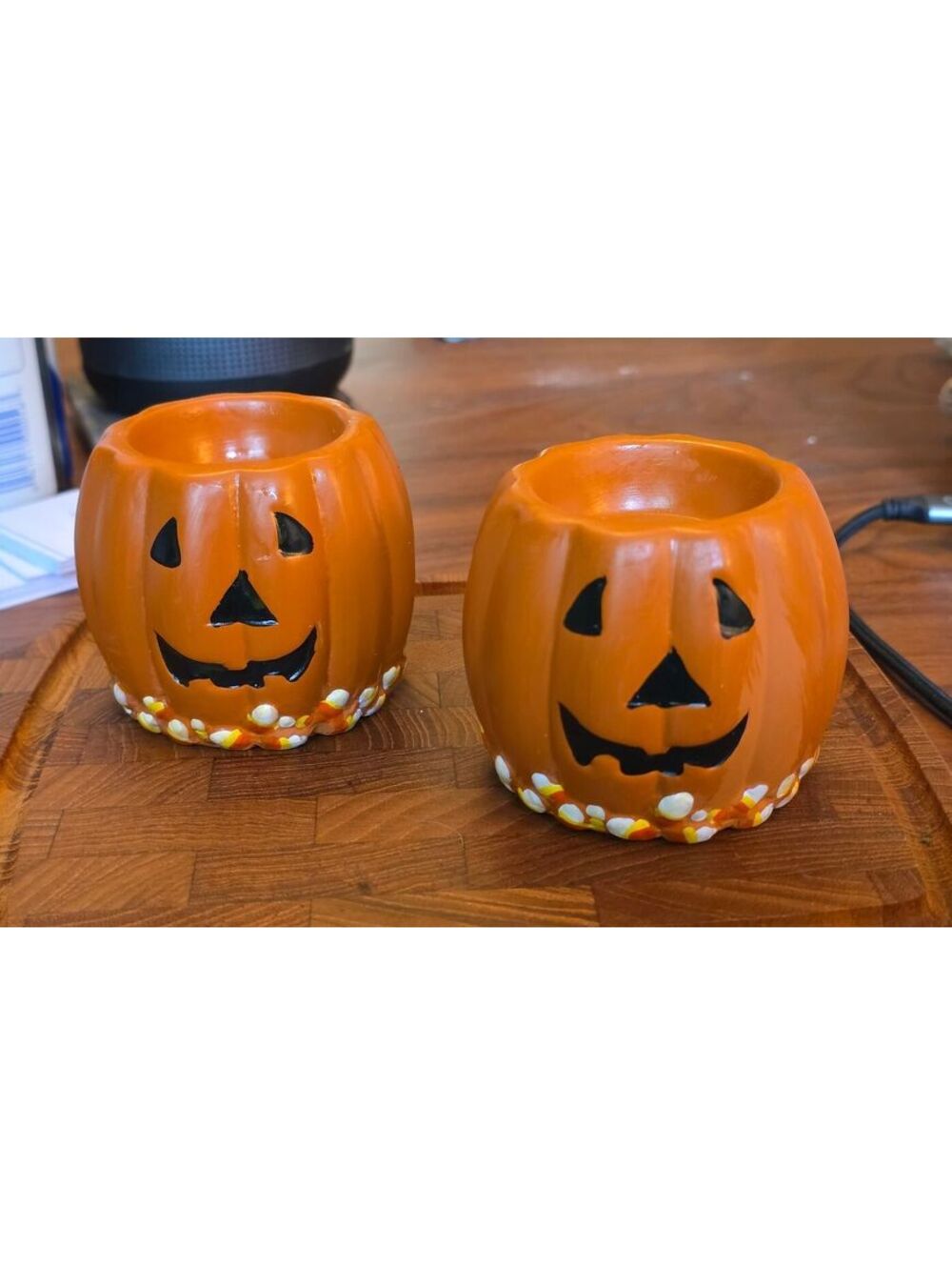Vintage Ceramic Jack-o'-Lantern Candy Corn Tea Light Candle Holders Set of 2